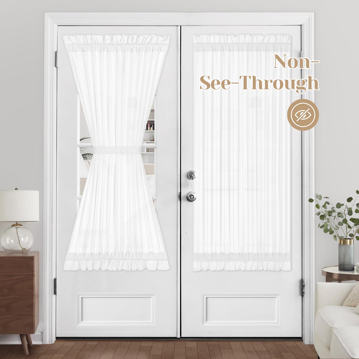 Homeideas Non-See-Through French Door Curtains Set Of 2 For Front Door, Privacy Semi Sheer Door Window Curtains, Rod Pocket Light Filtering Door Covering With Tieback, (White, 54W X 72L)